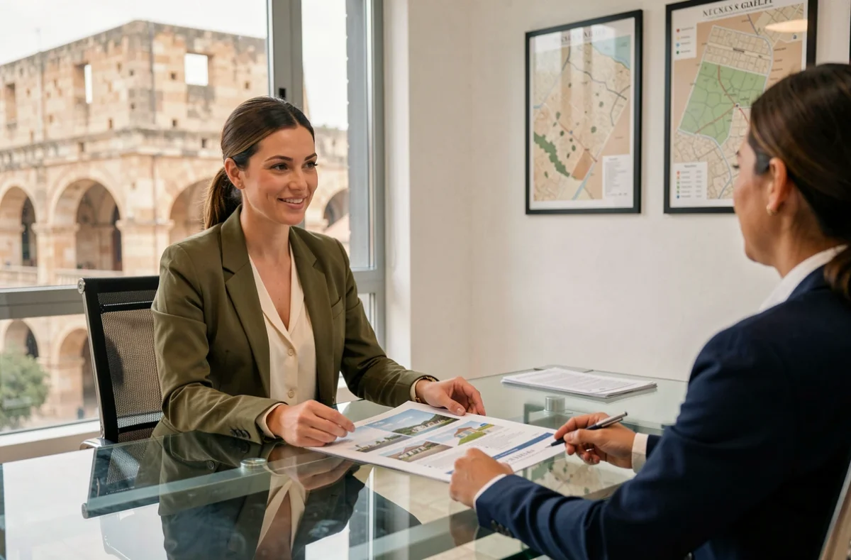 Conseillère de Valores Immobilier Nîmes en réunion avec un client autour d'un dossier d'investissement locatif dans un bureau contemporain