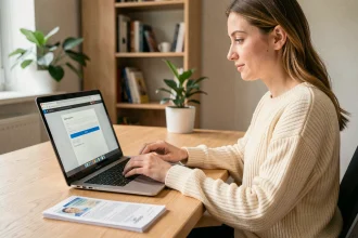 Femme vérifiant son compte Vinted en ligne avec ses documents d'identité sur un bureau en bois