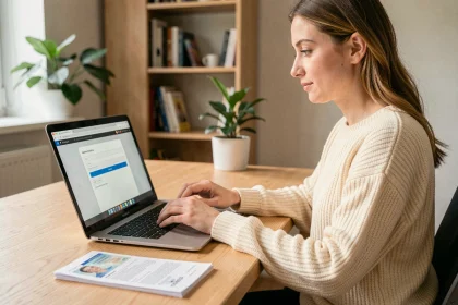 Femme vérifiant son compte Vinted en ligne avec ses documents d'identité sur un bureau en bois