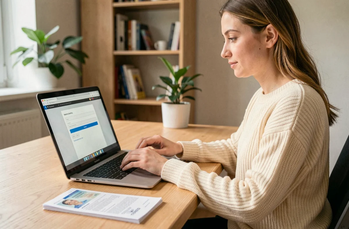 Femme vérifiant son compte Vinted en ligne avec ses documents d'identité sur un bureau en bois