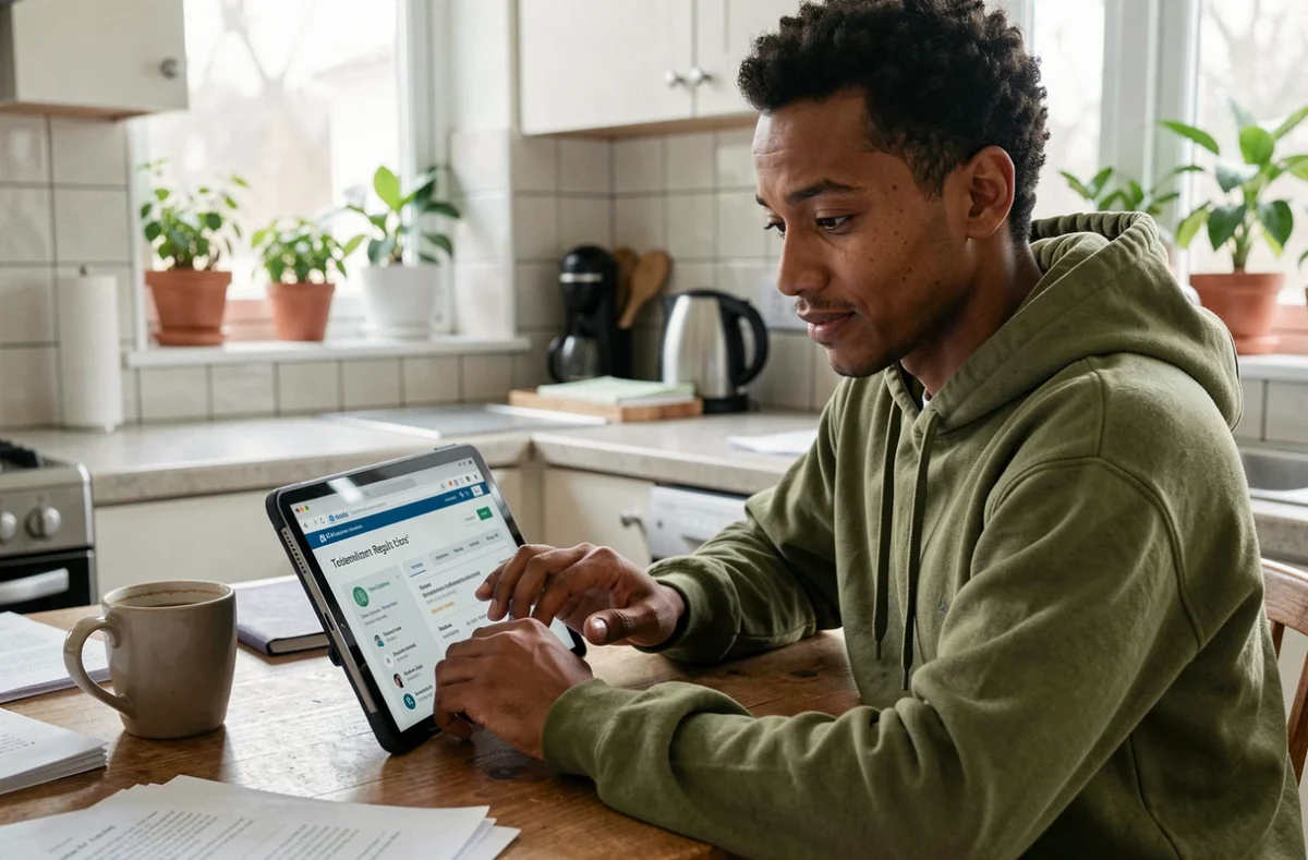 Personne vérifiant son fichier Préventel sur une tablette depuis chez elle pour nettoyer son historique téléphonie
