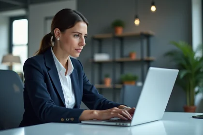 Femme professionnelle paramétrisant un virement bancaire sur le portail Société Générale Progéliance Net depuis son bureau