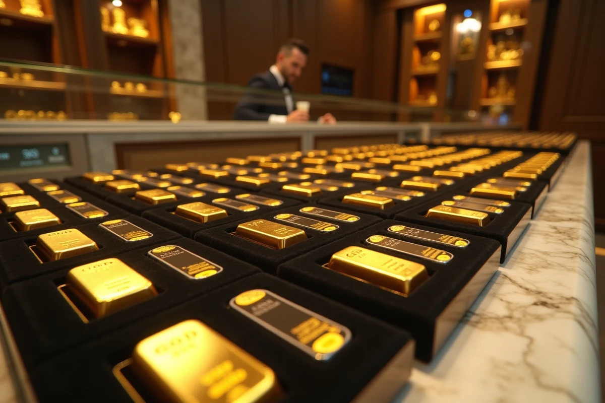 Vitrine de bureau d'achat d'or avec lingots et pièces 24 carats sur velours noir, prix affiché en boutique spécialisée